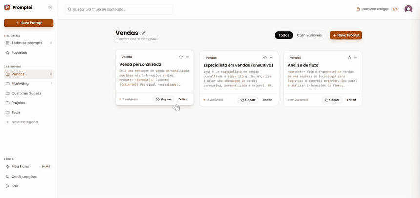 Demonstração do Promptei: criar, organizar e reutilizar prompts com variáveis