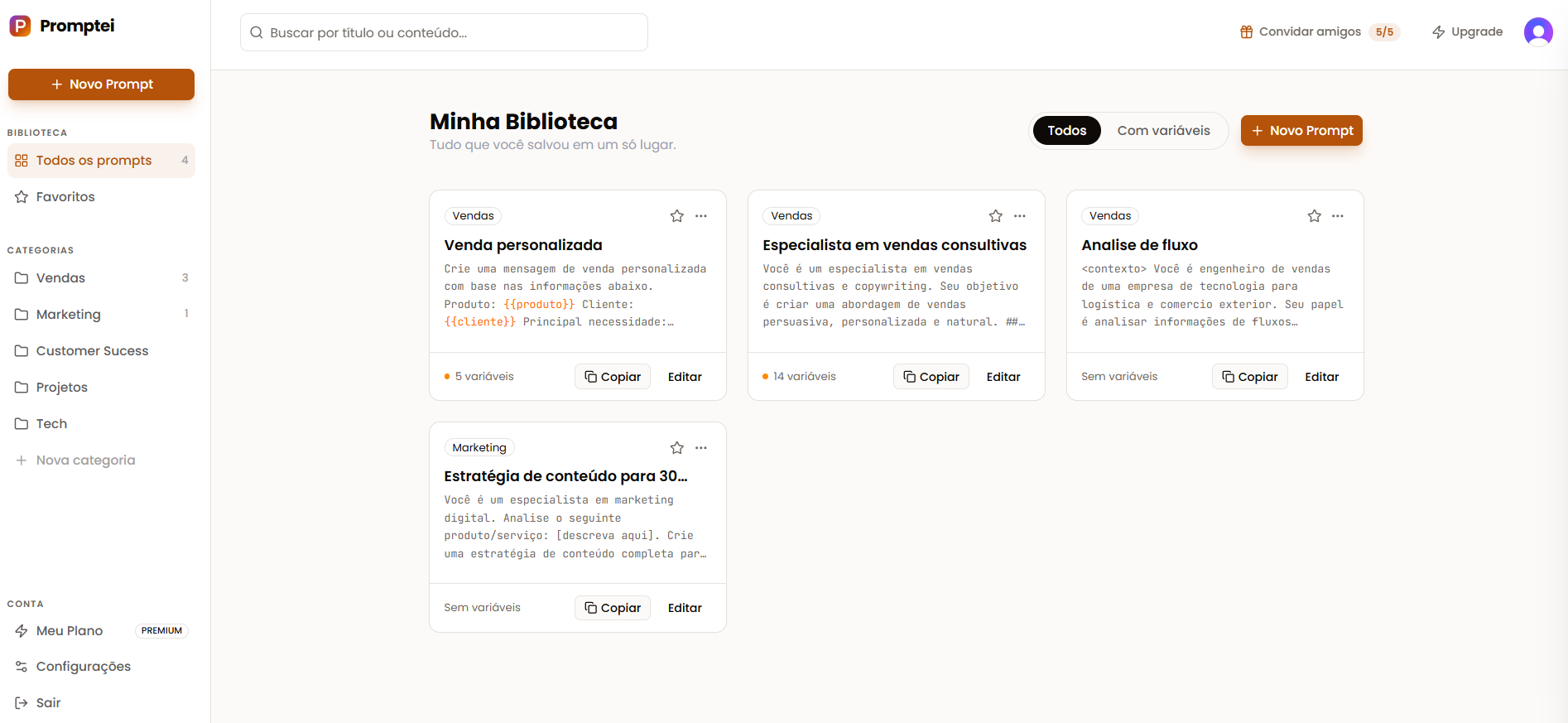 Biblioteca organizada em categorias personalizadas